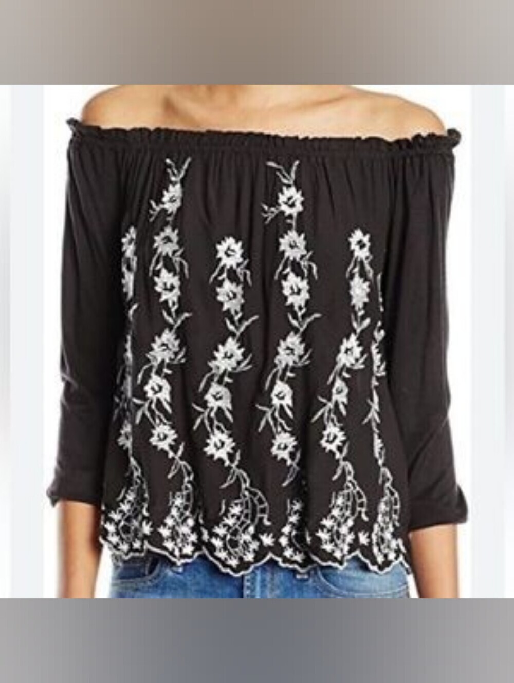 Lucky Brand Black Embroidered Off the Shoulder Top Small Boho Peasant Festival